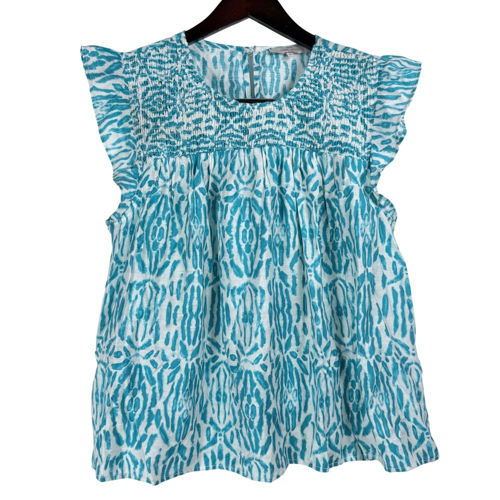 Casa Cabana Blouse Womens Small Teal Ikat Smocked Ruffle Boho Coastal Summer